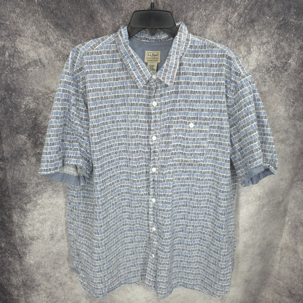 L.L Bean Shirt Mens 2XL Blue Button Slightly Fitted Short Sleeve Organic Cotton